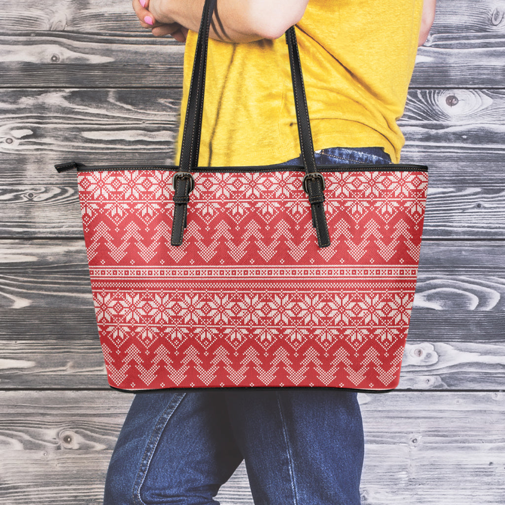 Christmas Festive Knitted Pattern Print Leather Tote Bag