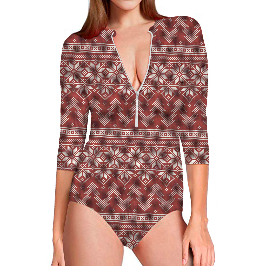 Christmas Festive Knitted Pattern Print Long Sleeve One Piece Swimsuit