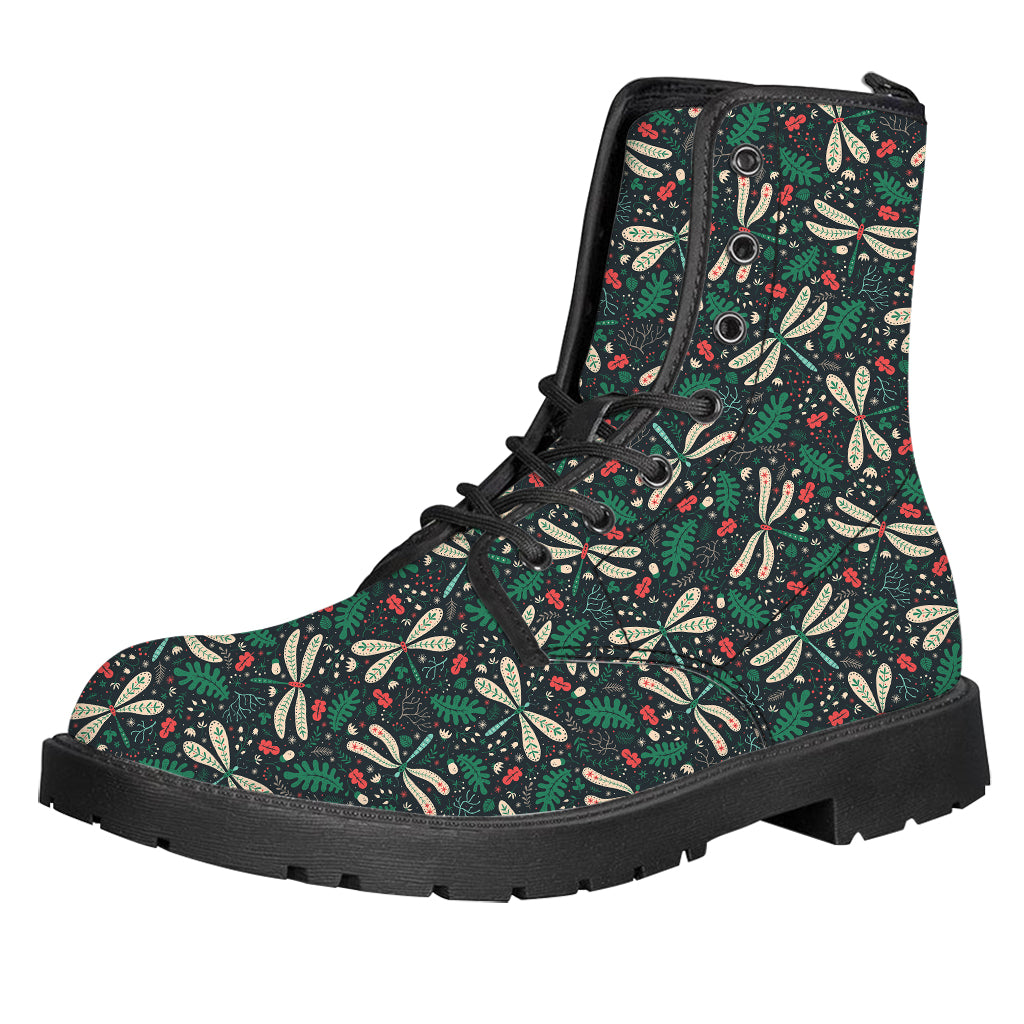 Christmas Floral Dragonfly Pattern Print Leather Boots