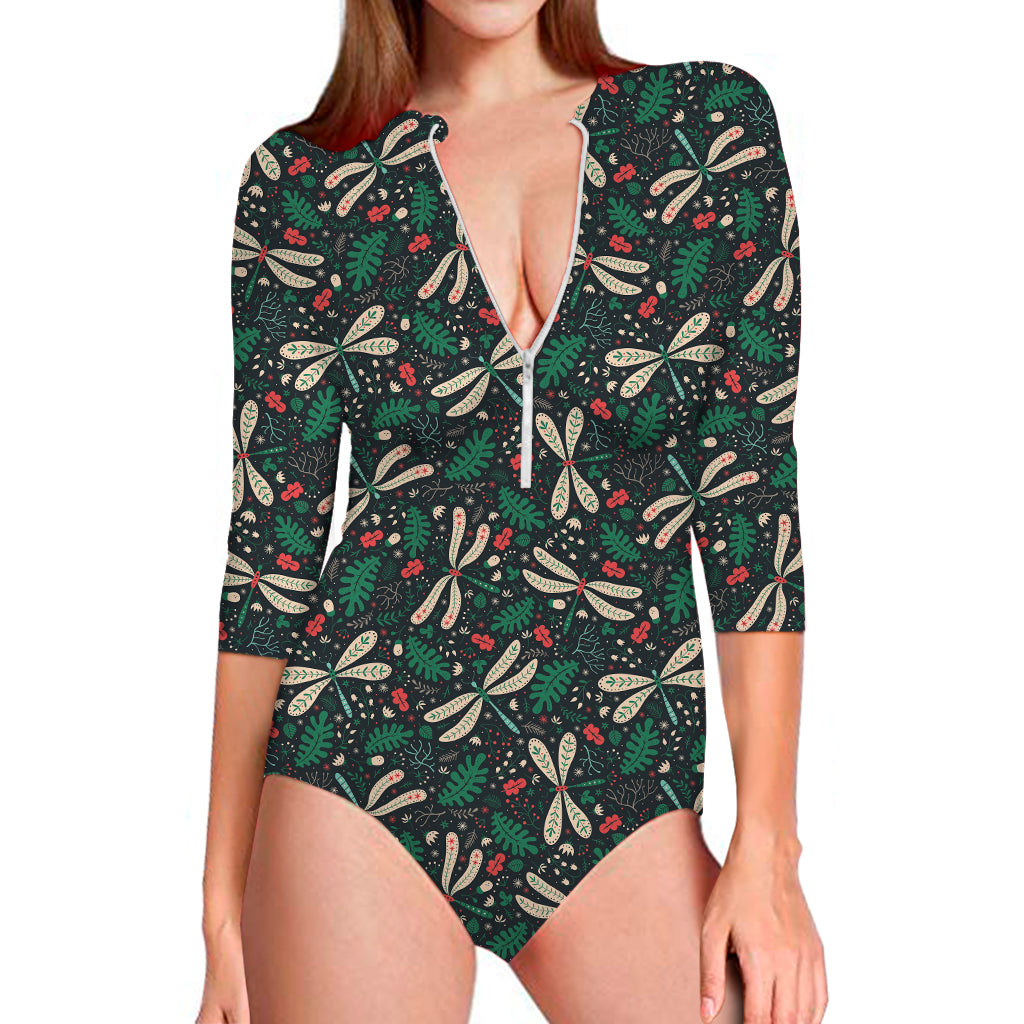 Christmas Floral Dragonfly Pattern Print Long Sleeve One Piece Swimsuit