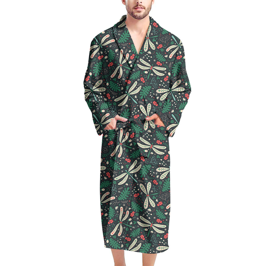 Christmas Floral Dragonfly Pattern Print Men's Bathrobe