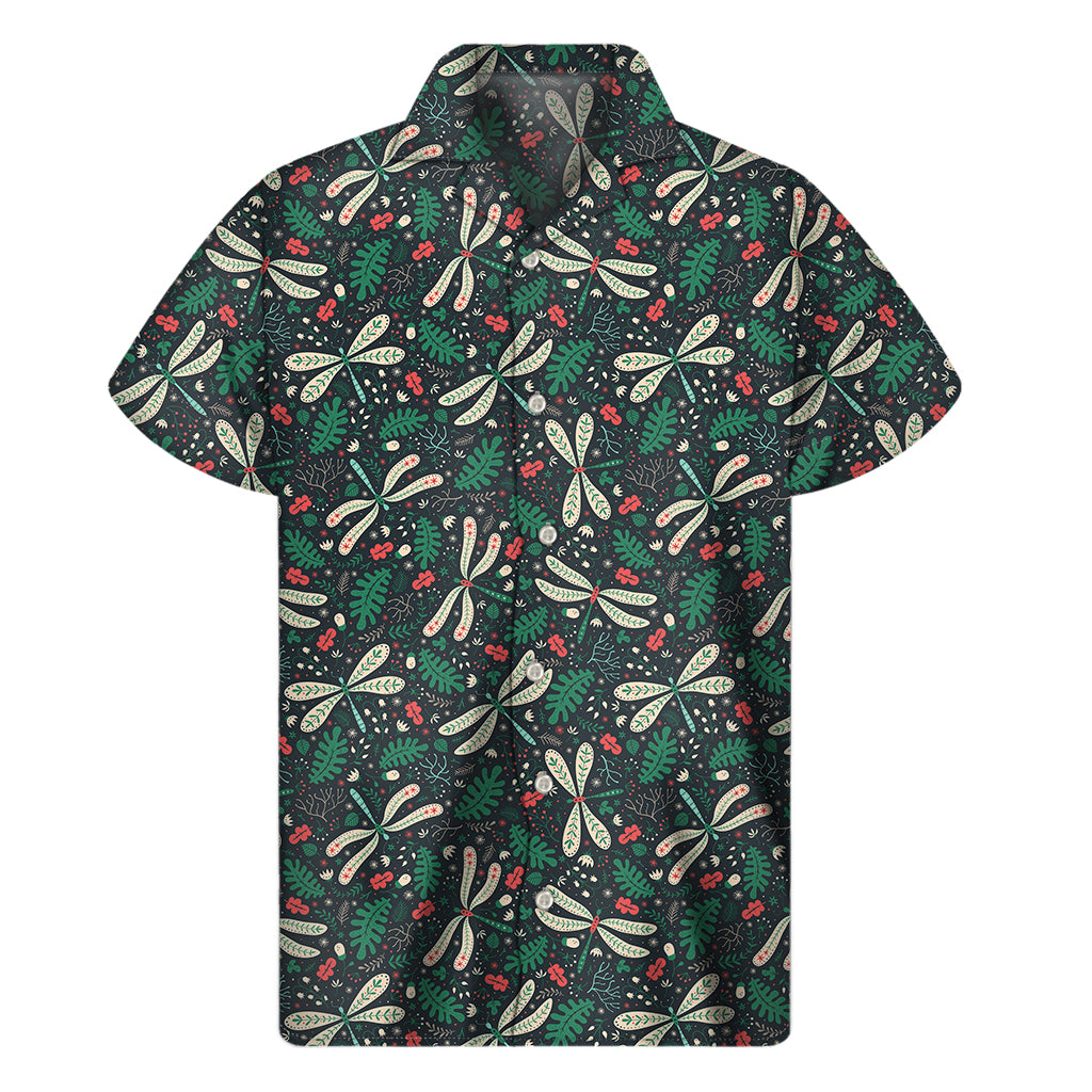 Christmas Floral Dragonfly Pattern Print Men's Short Sleeve Shirt