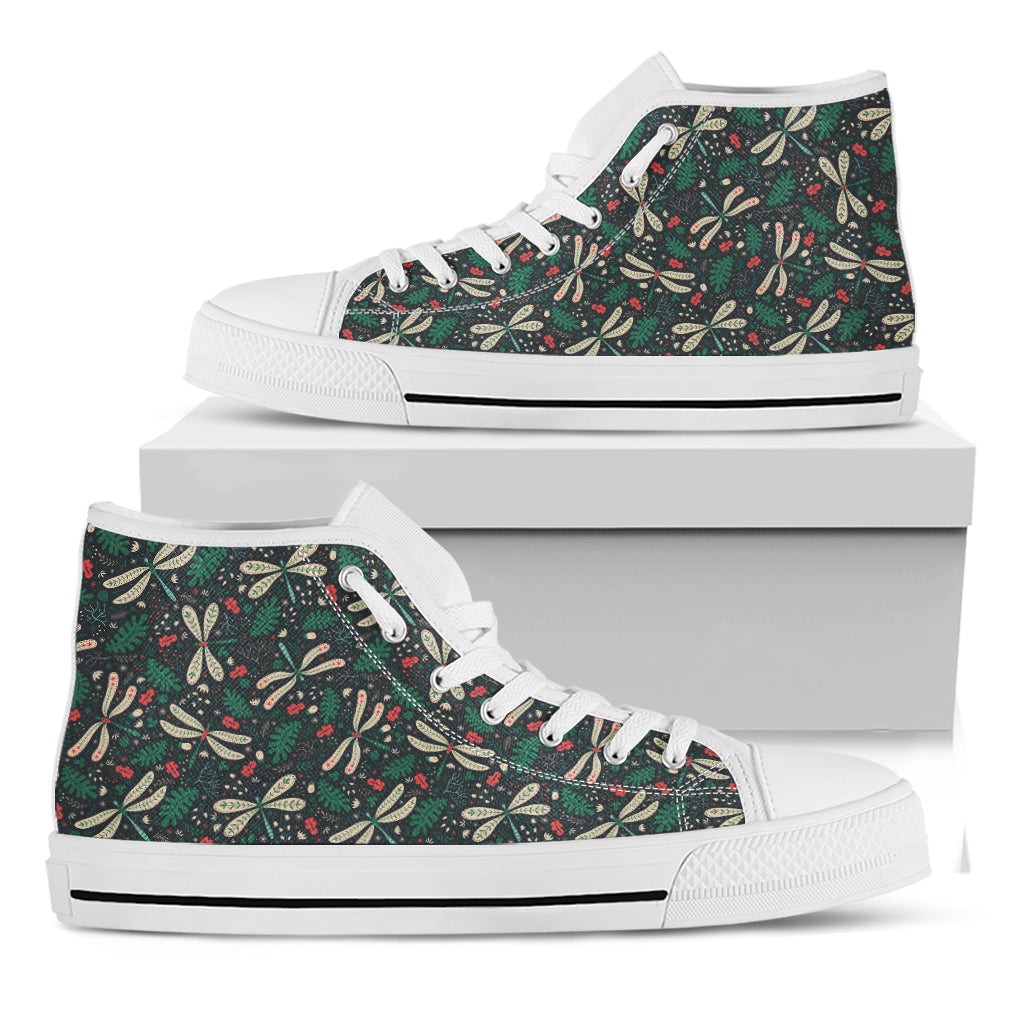 Christmas Floral Dragonfly Pattern Print White High Top Shoes