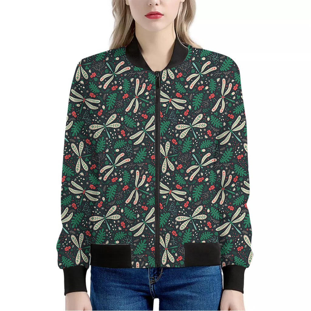 Christmas Floral Dragonfly Pattern Print Women's Bomber Jacket