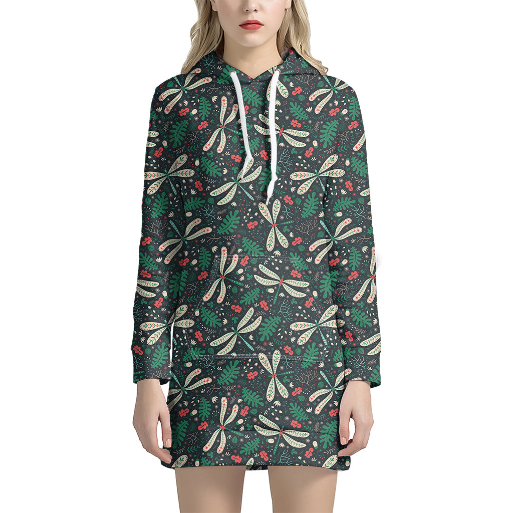 Christmas Floral Dragonfly Pattern Print Women's Pullover Hoodie Dress