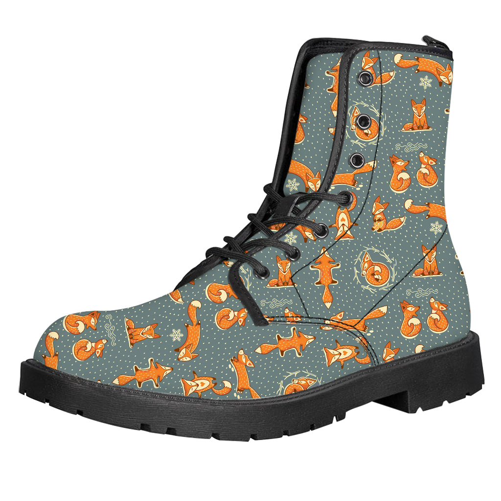 Christmas Fox Pattern Print Leather Boots