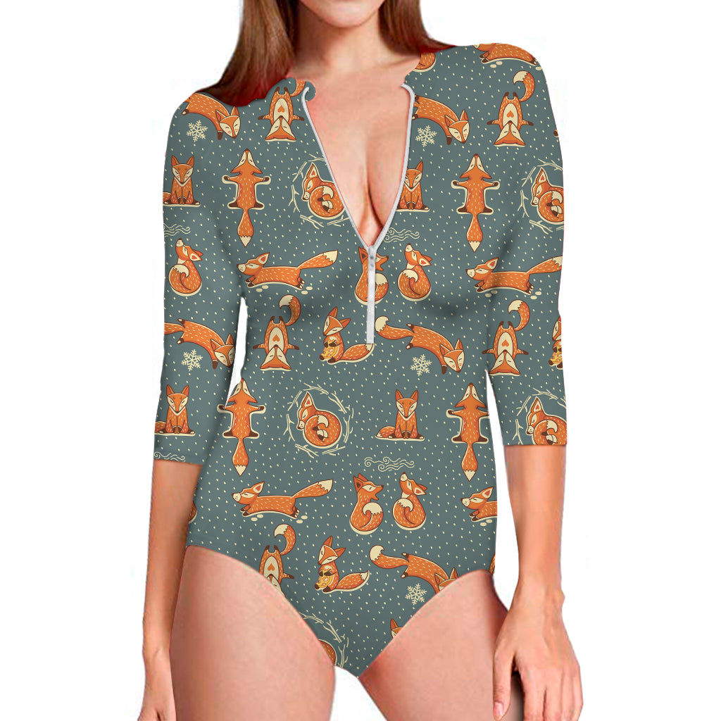 Christmas Fox Pattern Print Long Sleeve One Piece Swimsuit