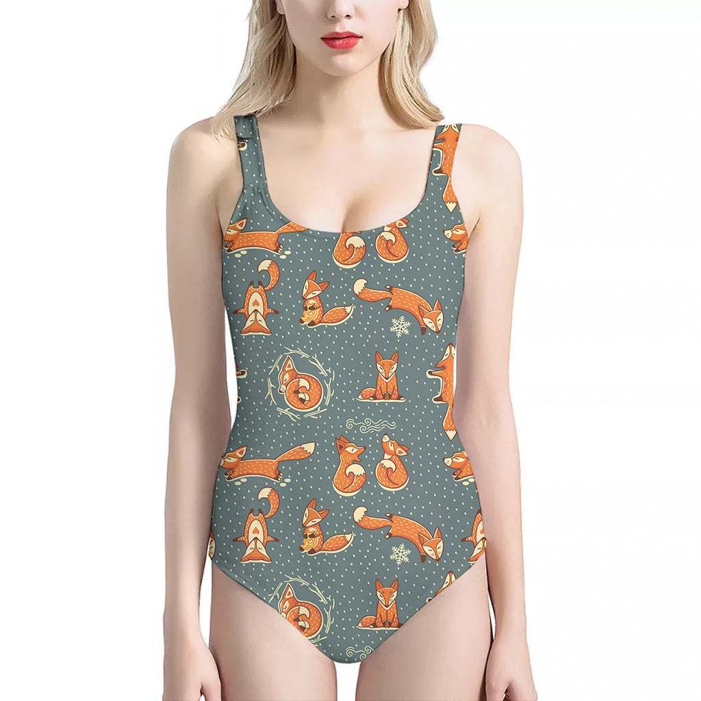 Christmas Fox Pattern Print One Piece Halter Neck Swimsuit