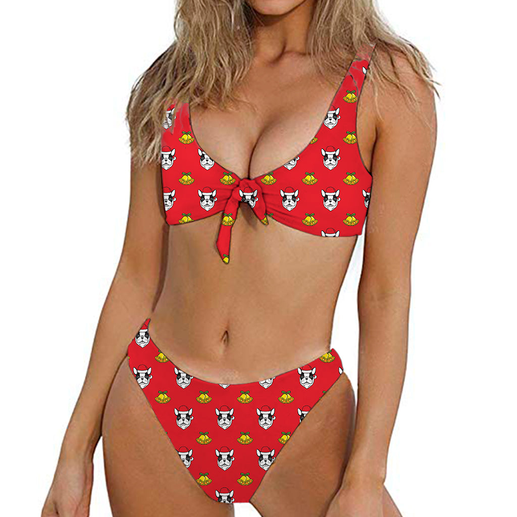 Christmas French Bulldog Santa Print Front Bow Tie Bikini