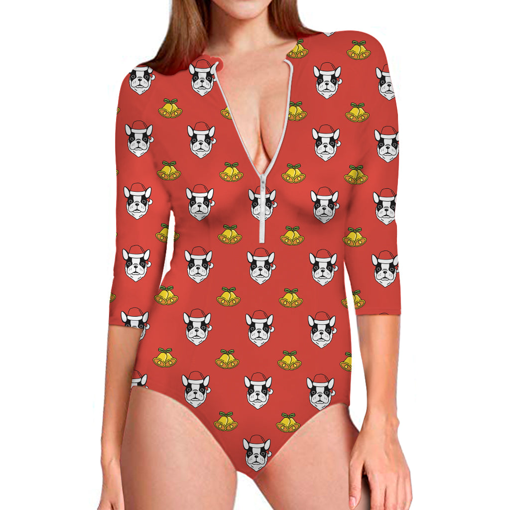 Christmas French Bulldog Santa Print Long Sleeve One Piece Swimsuit