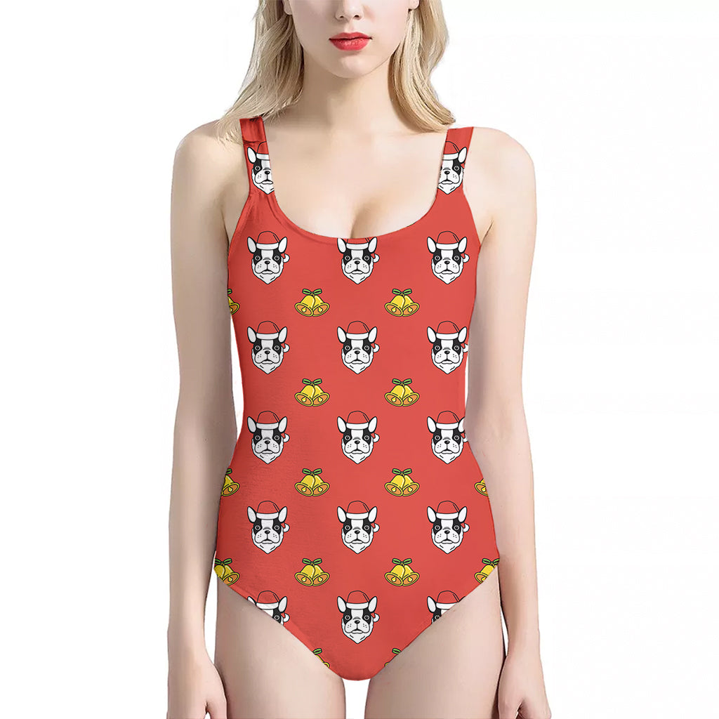 Christmas French Bulldog Santa Print One Piece Halter Neck Swimsuit