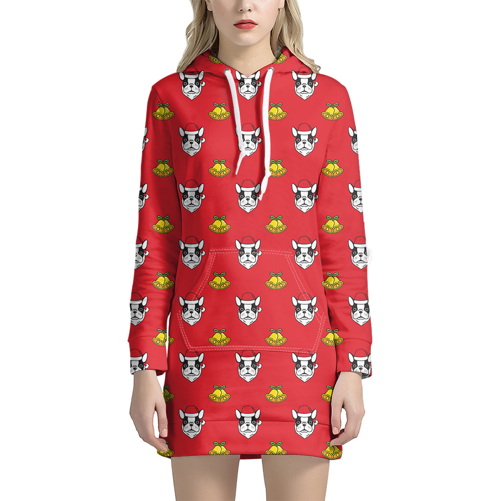 Christmas French Bulldog Santa Print Women's Pullover Hoodie Dress