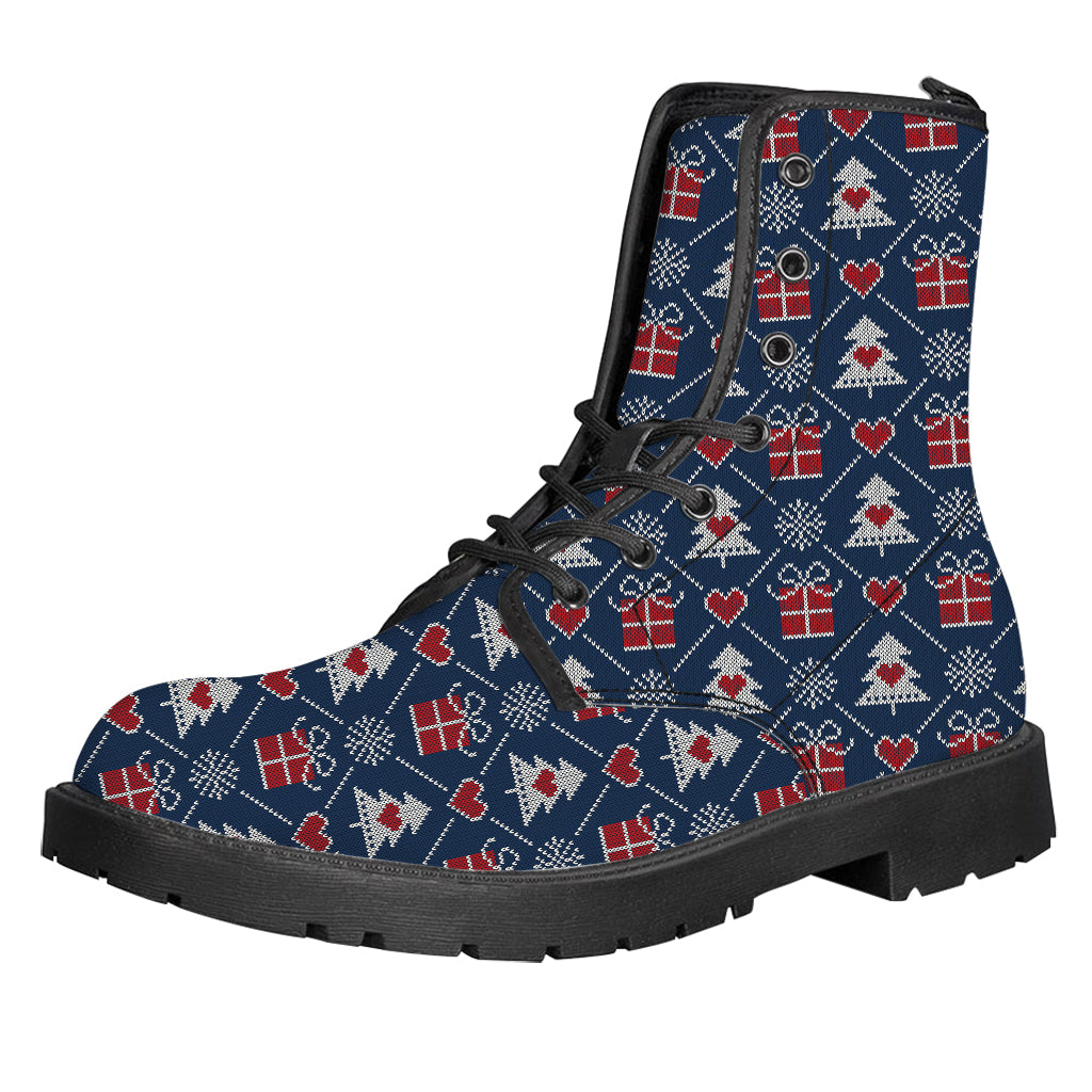 Christmas Gift Knitted Pattern Print Leather Boots