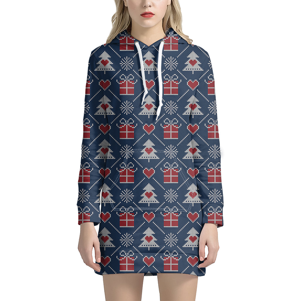 Christmas Gift Knitted Pattern Print Women's Pullover Hoodie Dress