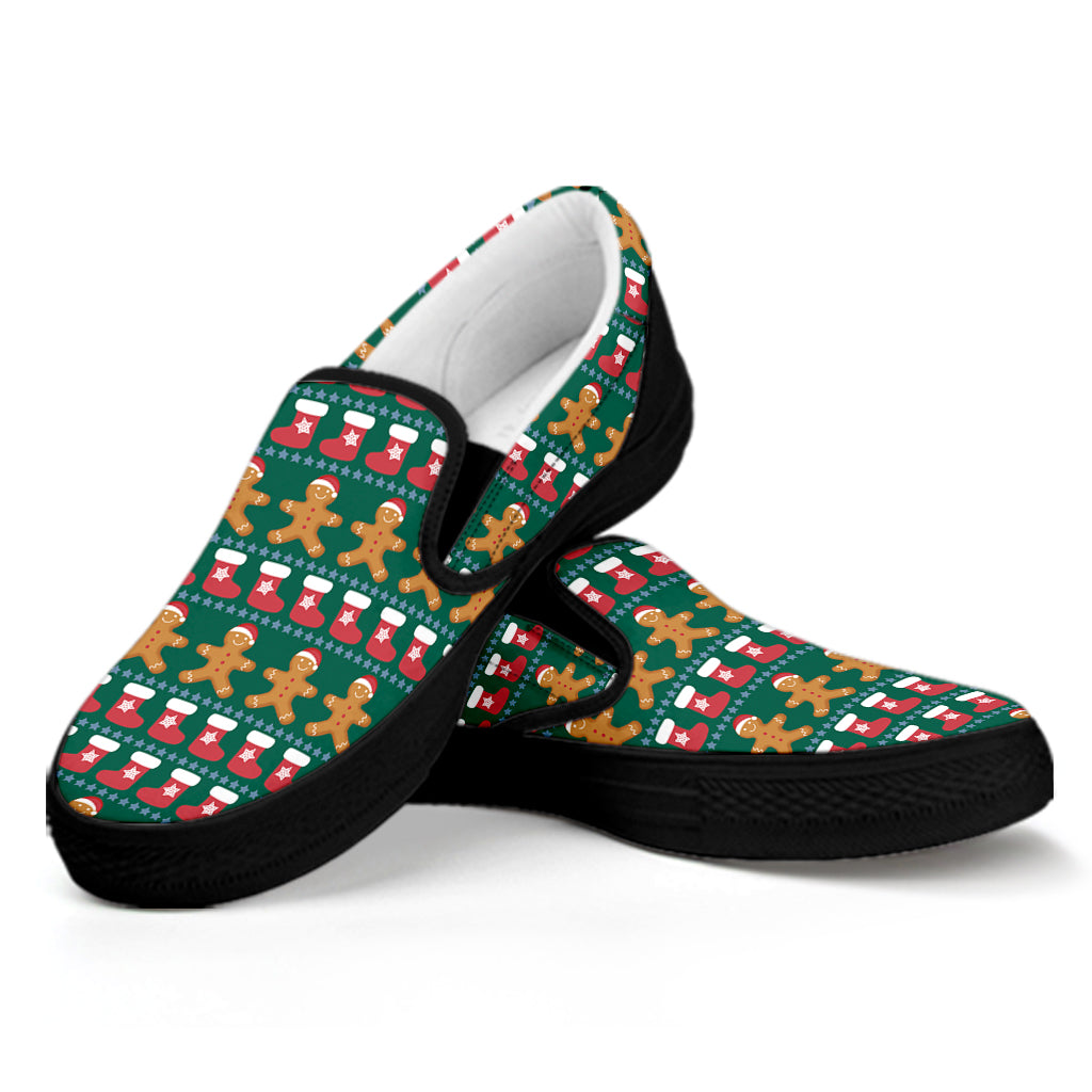 Christmas Gingerbread Man Pattern Print Black Slip On Shoes