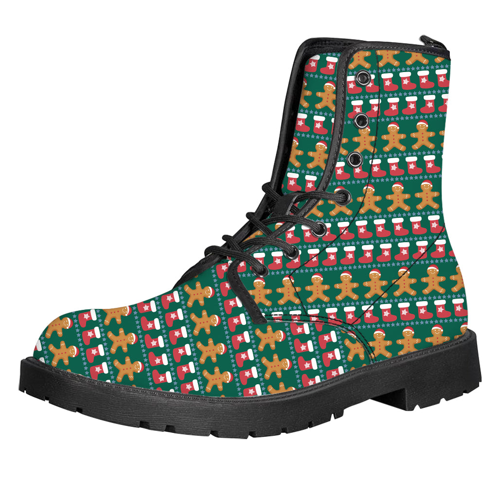 Christmas Gingerbread Man Pattern Print Leather Boots