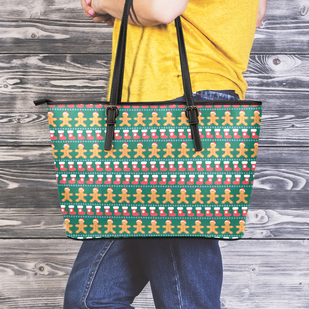 Christmas Gingerbread Man Pattern Print Leather Tote Bag