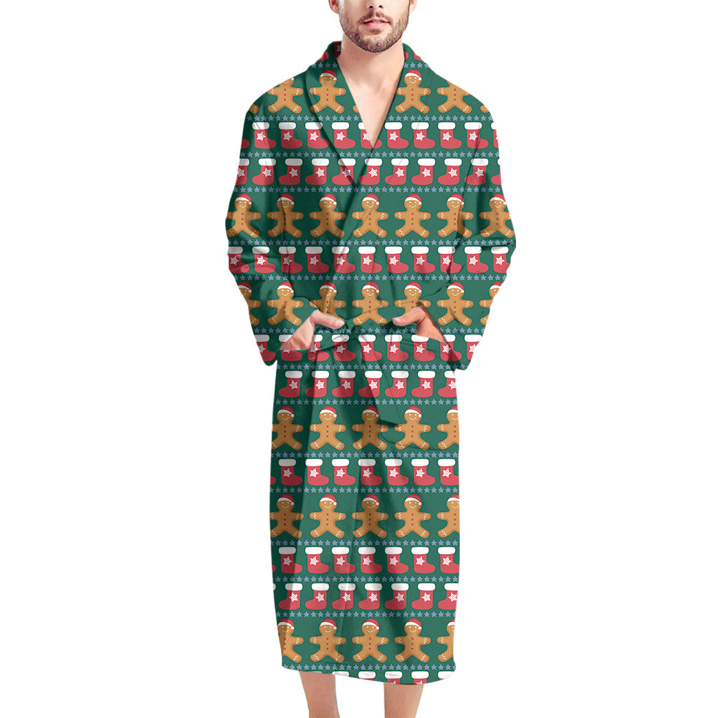 Christmas Gingerbread Man Pattern Print Men's Bathrobe