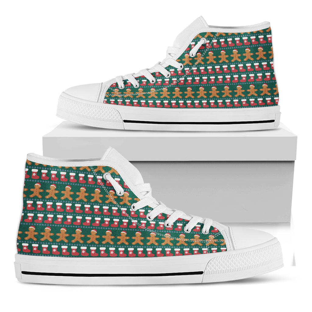 Christmas Gingerbread Man Pattern Print White High Top Shoes