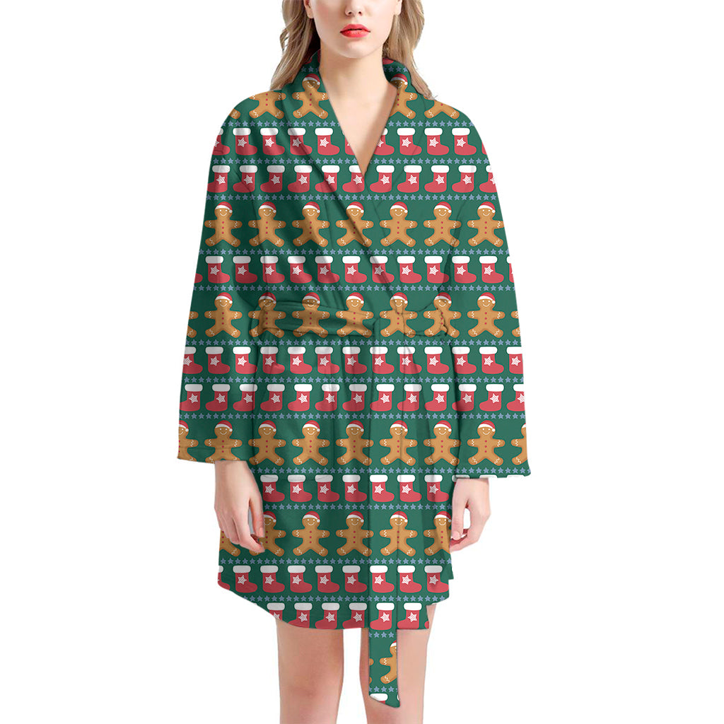 Christmas Gingerbread Man Pattern Print Women's Bathrobe