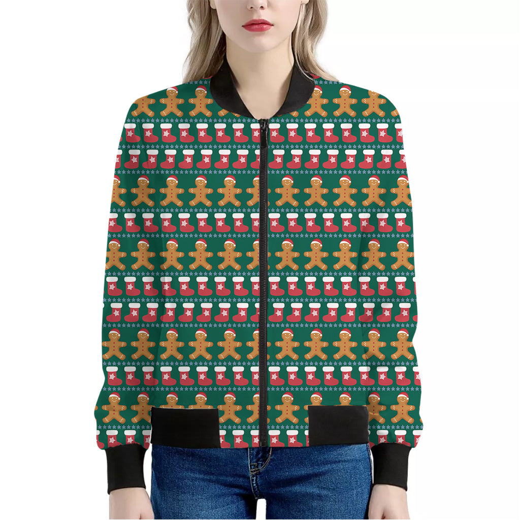 Christmas Gingerbread Man Pattern Print Women's Bomber Jacket