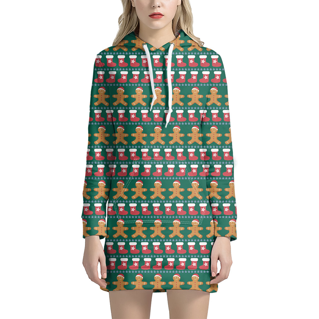 Christmas Gingerbread Man Pattern Print Women's Pullover Hoodie Dress