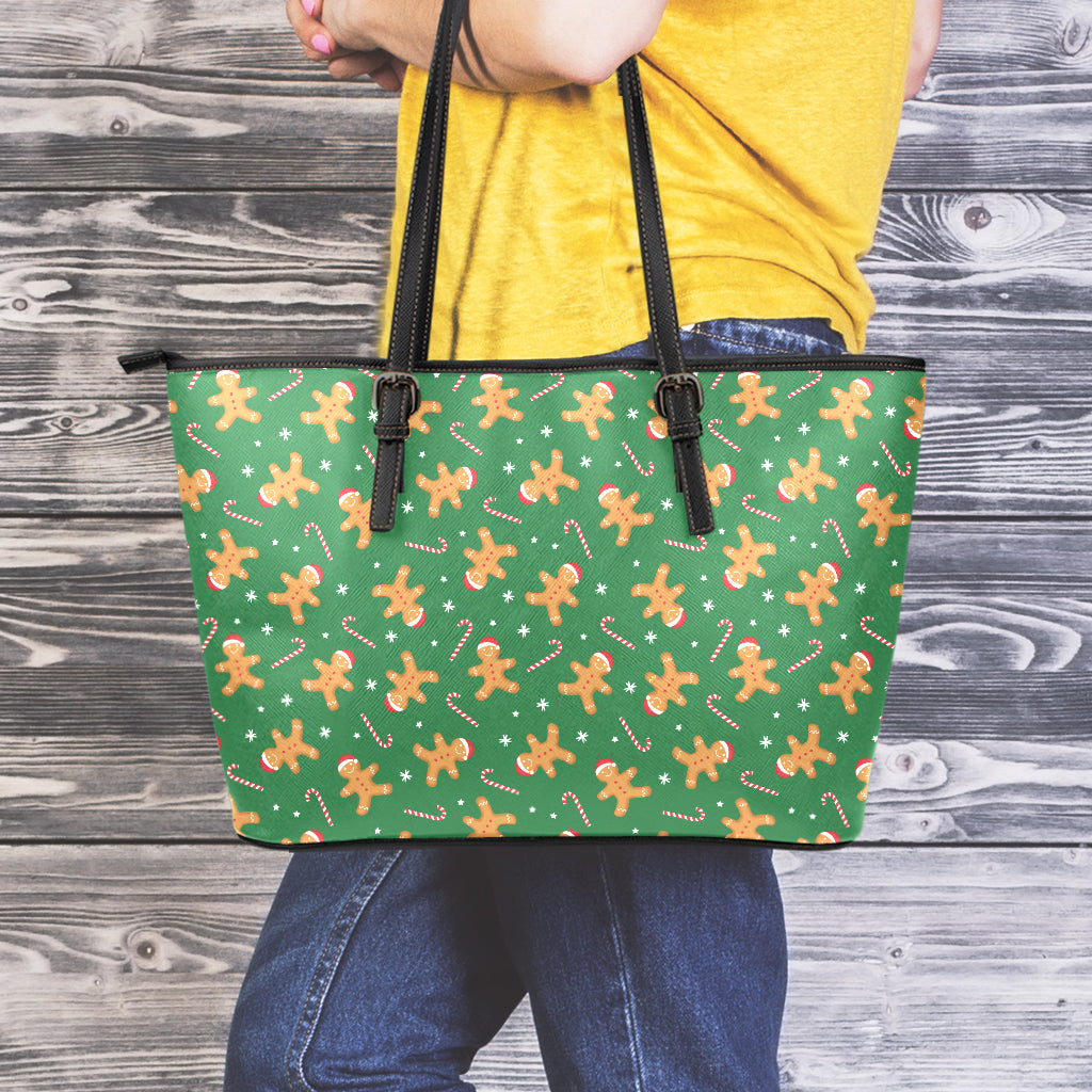 Christmas Gingerbread Pattern Print Leather Tote Bag