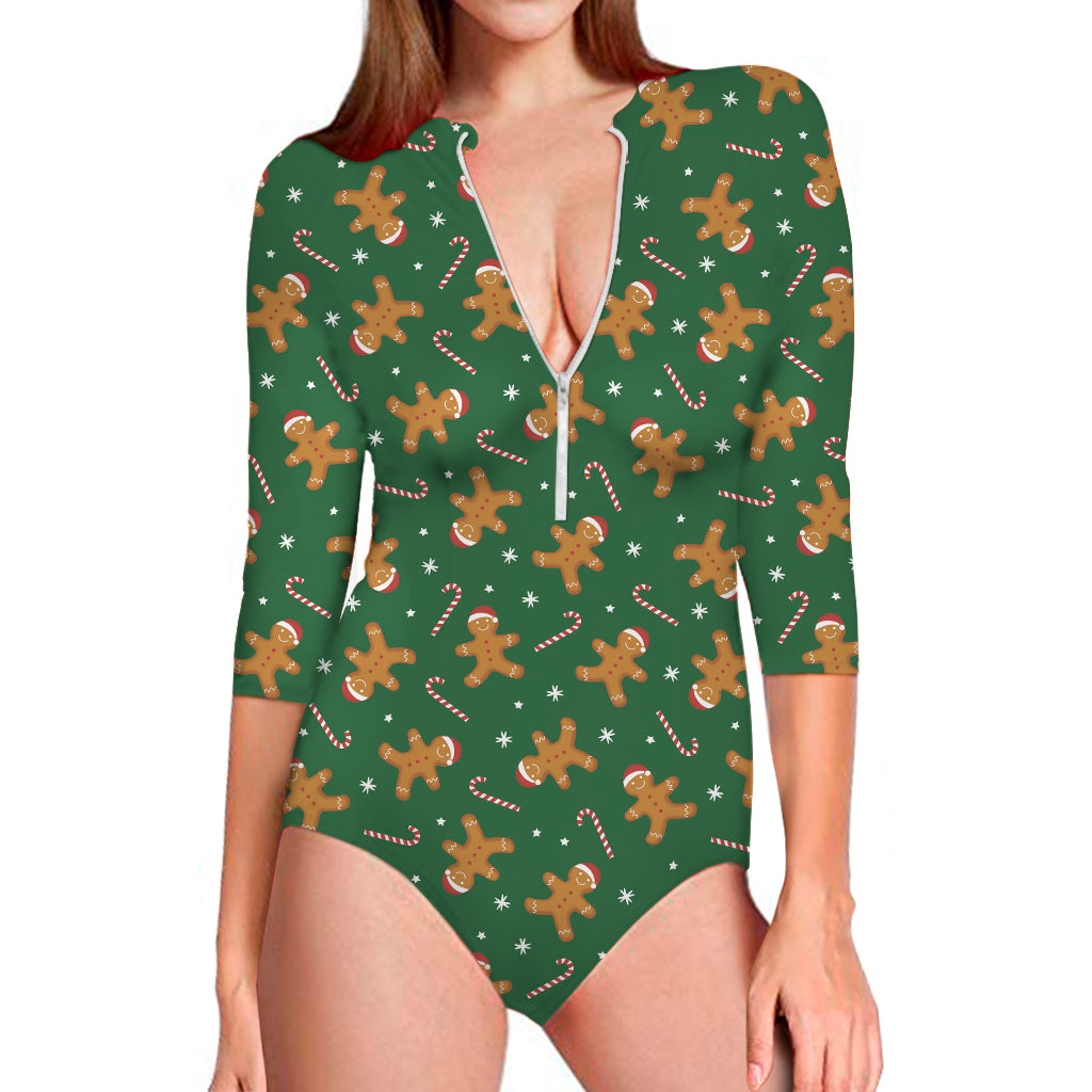 Christmas Gingerbread Pattern Print Long Sleeve One Piece Swimsuit