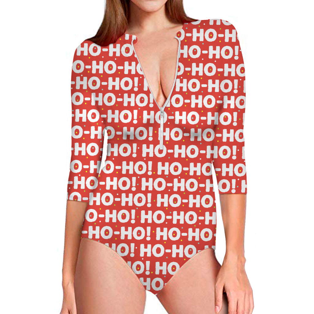 Christmas Ho Ho Ho Pattern Print Long Sleeve One Piece Swimsuit