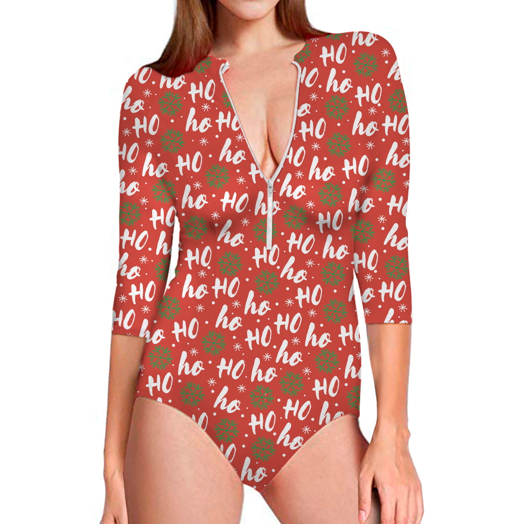 Christmas Hohoho Santa Claus Laugh Print Long Sleeve One Piece Swimsuit