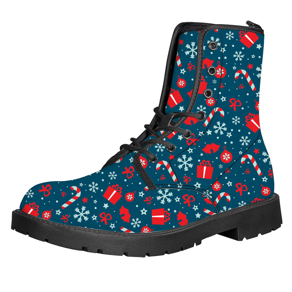 Christmas Holiday Elements Pattern Print Leather Boots