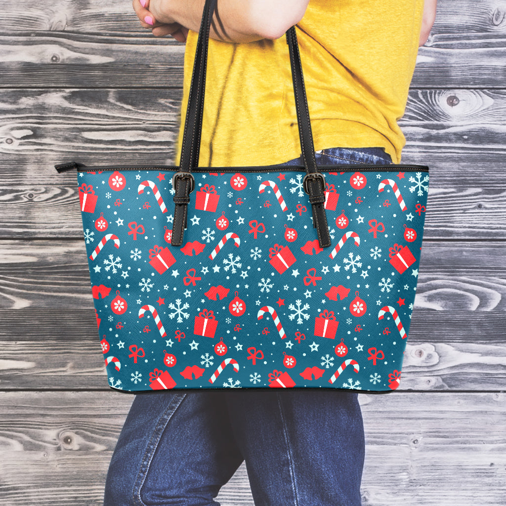 Christmas Holiday Elements Pattern Print Leather Tote Bag