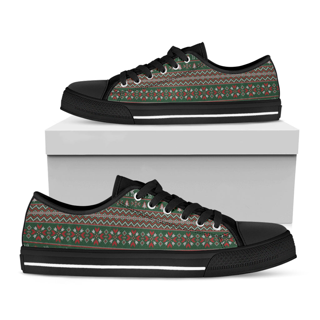 Christmas Holiday Knitted Pattern Print Black Low Top Shoes