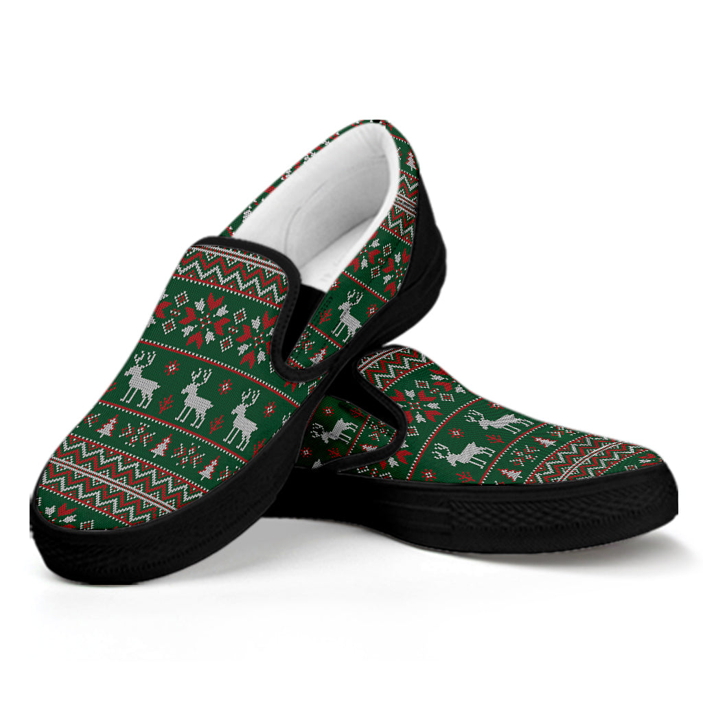 Christmas Holiday Knitted Pattern Print Black Slip On Shoes