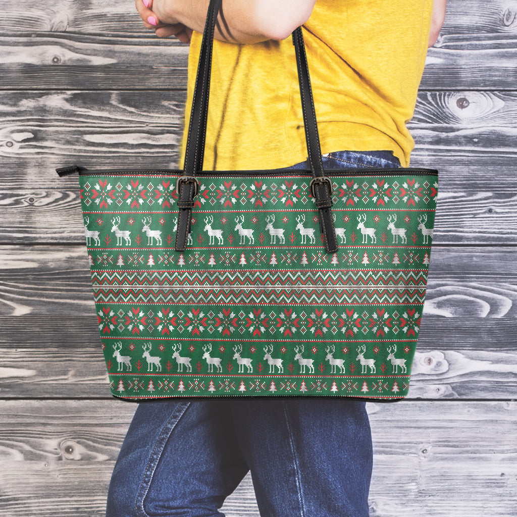 Christmas Holiday Knitted Pattern Print Leather Tote Bag