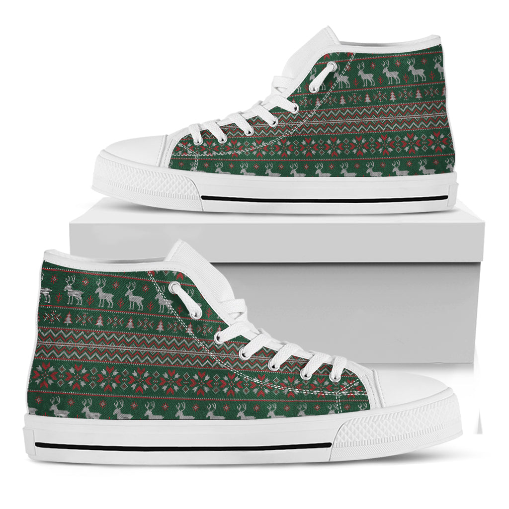 Christmas Holiday Knitted Pattern Print White High Top Shoes