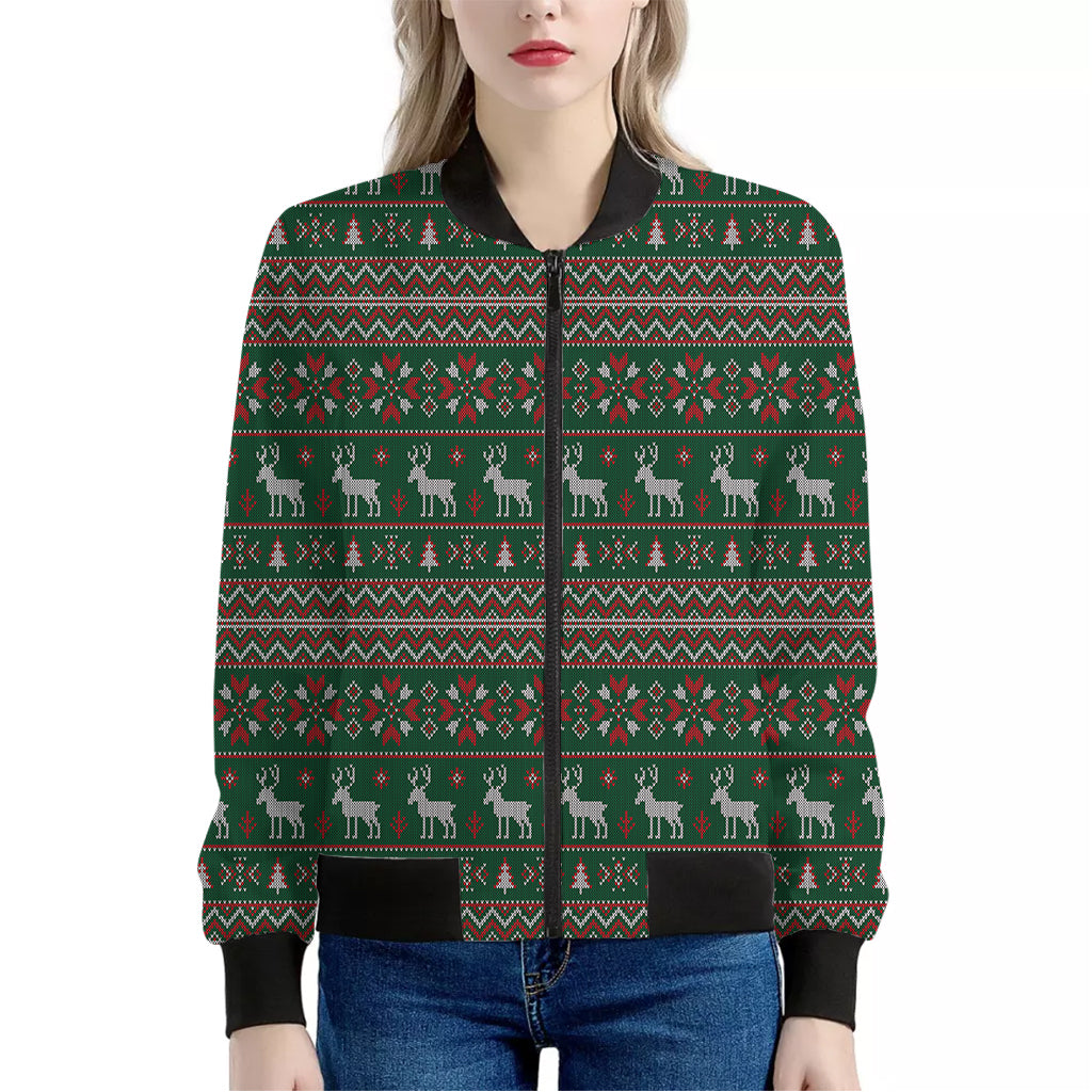 Christmas Holiday Knitted Pattern Print Women's Bomber Jacket