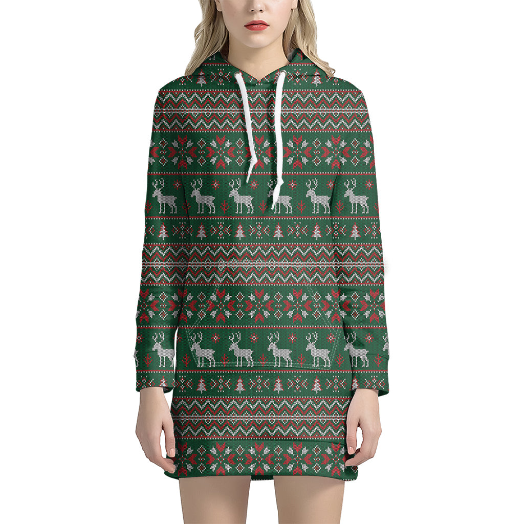 Christmas Holiday Knitted Pattern Print Women's Pullover Hoodie Dress