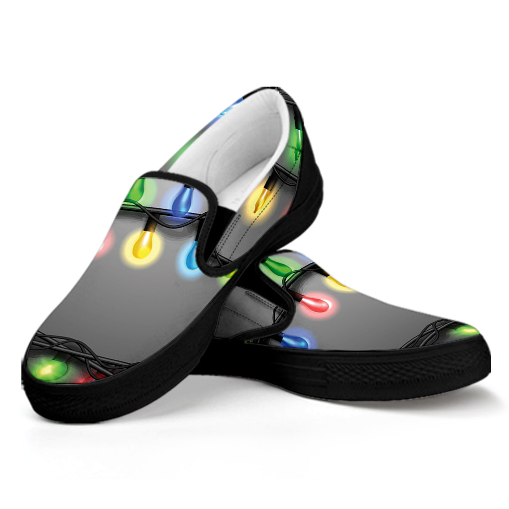 Christmas Holiday Lights Print Black Slip On Shoes