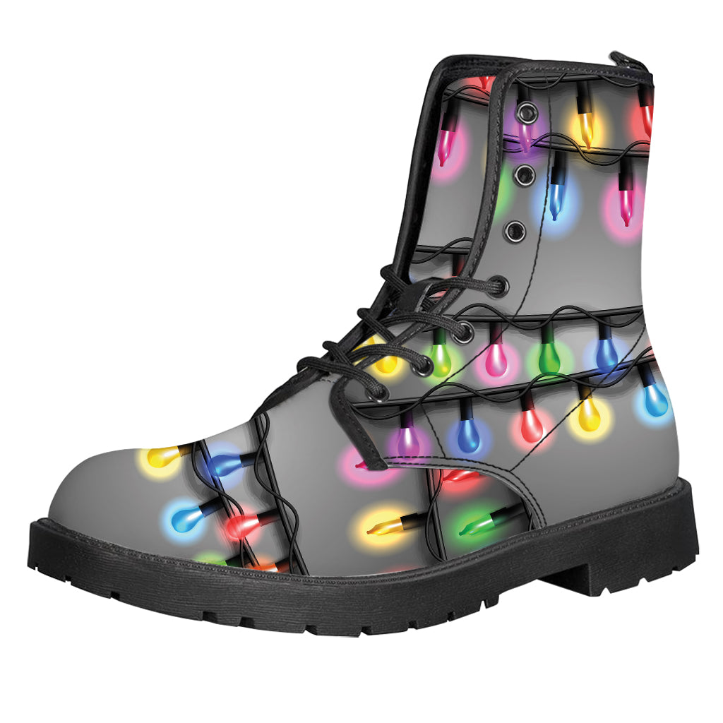 Christmas Holiday Lights Print Leather Boots