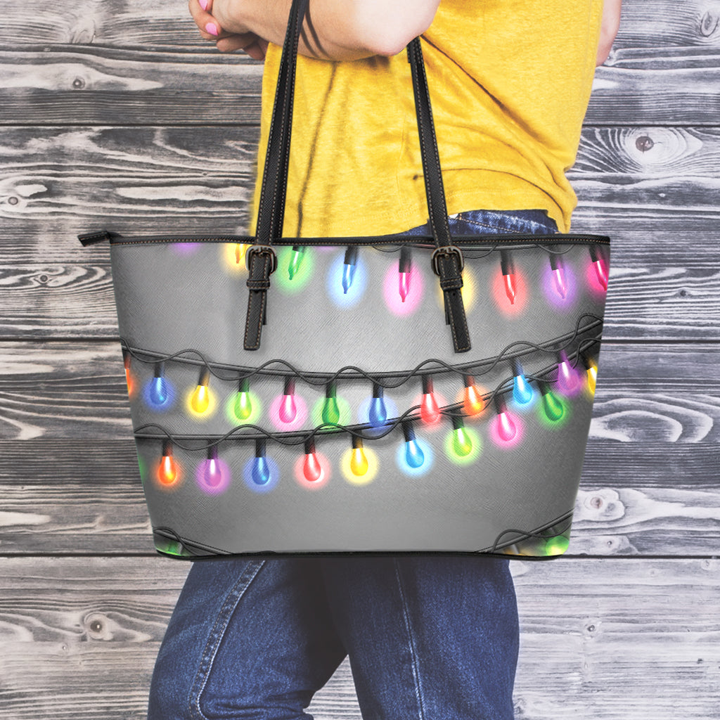 Christmas Holiday Lights Print Leather Tote Bag