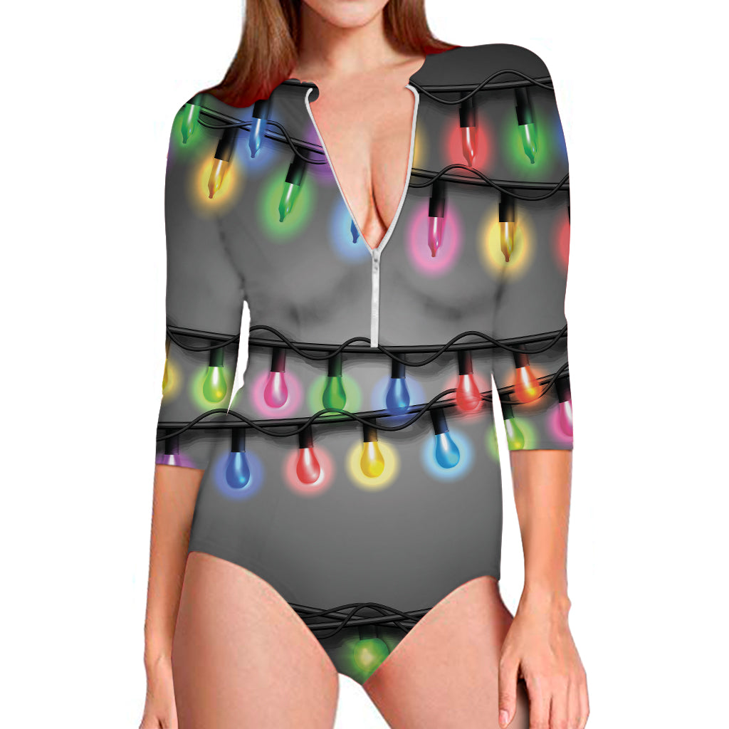 Christmas Holiday Lights Print Long Sleeve One Piece Swimsuit