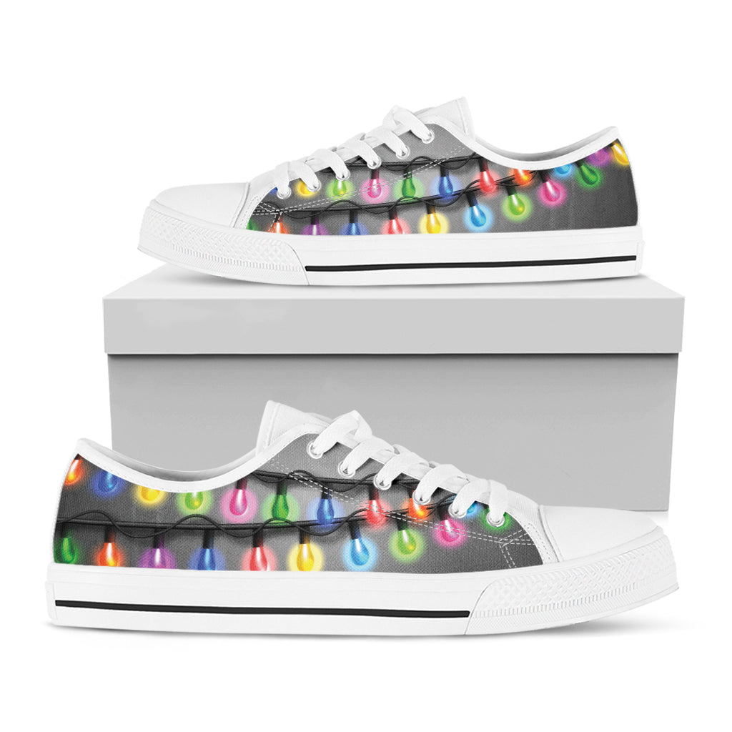 Christmas Holiday Lights Print White Low Top Shoes