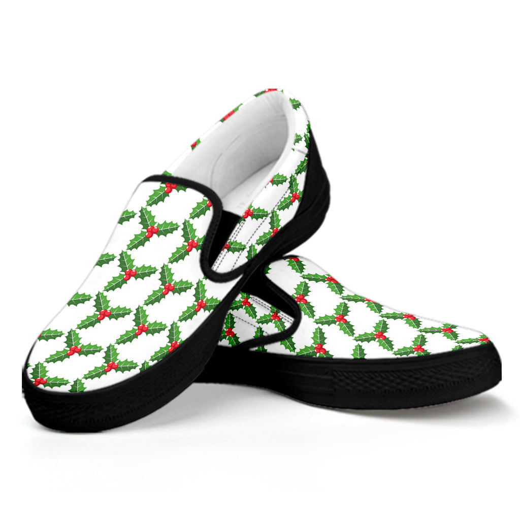 Christmas Holly Berry Pattern Print Black Slip On Shoes