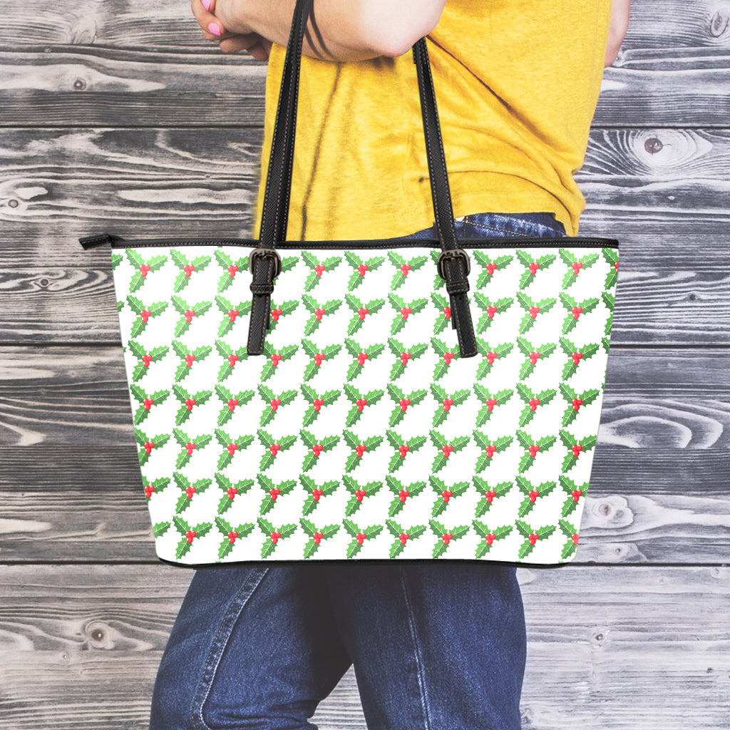 Christmas Holly Berry Pattern Print Leather Tote Bag