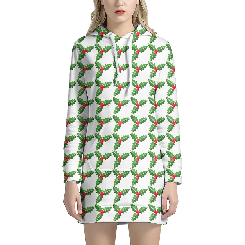 Christmas Holly Berry Pattern Print Women's Pullover Hoodie Dress