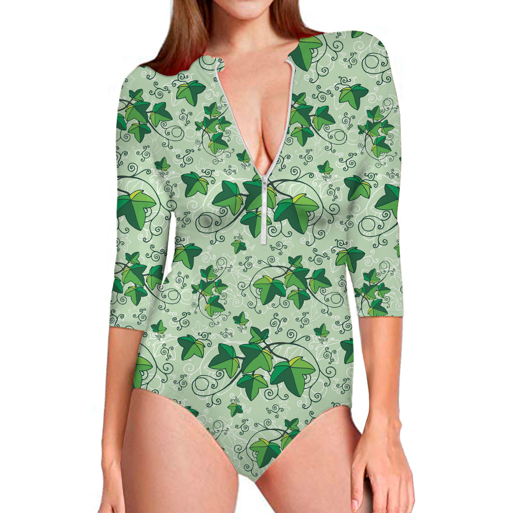 Christmas Ivy Leaf Pattern Print Long Sleeve One Piece Swimsuit