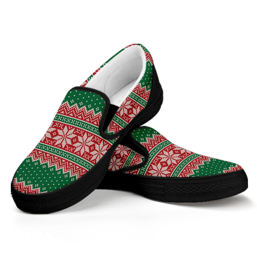 Christmas Knitted Pattern Print Black Slip On Shoes