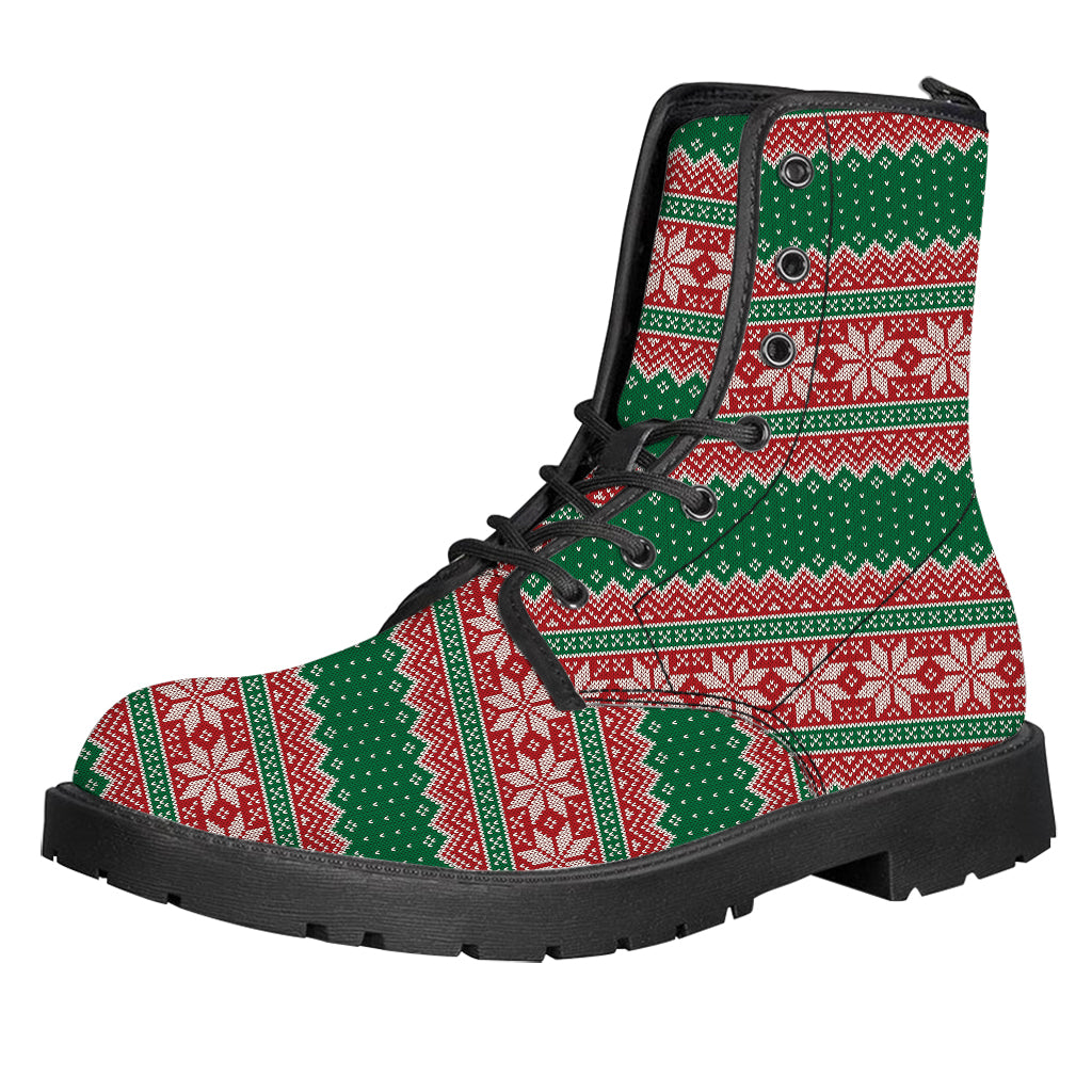 Christmas Knitted Pattern Print Leather Boots