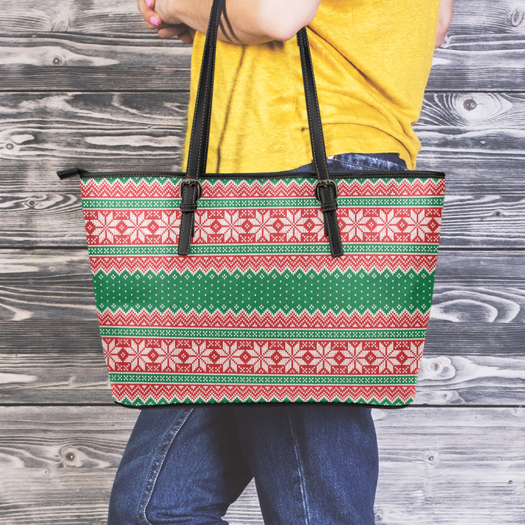 Christmas Knitted Pattern Print Leather Tote Bag